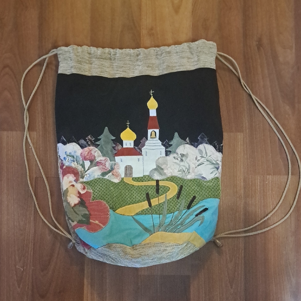Artisan Scenic Drawstring Backpack - Black with Multicolor Landscape